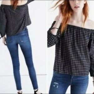 F9281 Madewell Plaid Off The Shoulder Top Black M